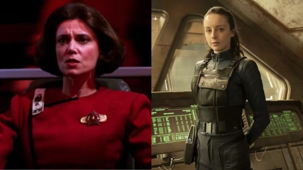 Rachel Garrett in Star Trek: The Next Generation (L) and in Star Trek: Section 31 (R)