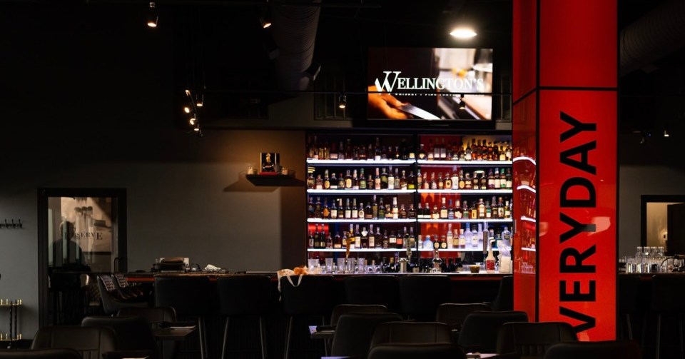 Interior view of Wellington's bar, featuring a large liquor shelf and a red column with "VERYDAY" written on it.