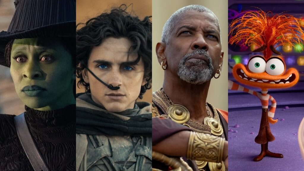 Cynthia Erivo in green skin as the witch Elphaba in Wicked, Timothée Chalamet as Paul Atreides in Dune: Part Two, Denzel washington as an Ancient Roman in Gladiator II, and Anxiety smiling in Inside Out 2