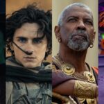 Cynthia Erivo in green skin as the witch Elphaba in Wicked, Timothée Chalamet as Paul Atreides in Dune: Part Two, Denzel washington as an Ancient Roman in Gladiator II, and Anxiety smiling in Inside Out 2