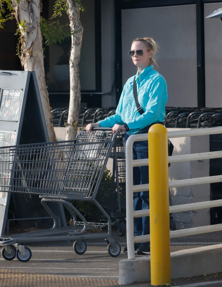 Cybill Shepherd with a shopping cart outside a grocery store.