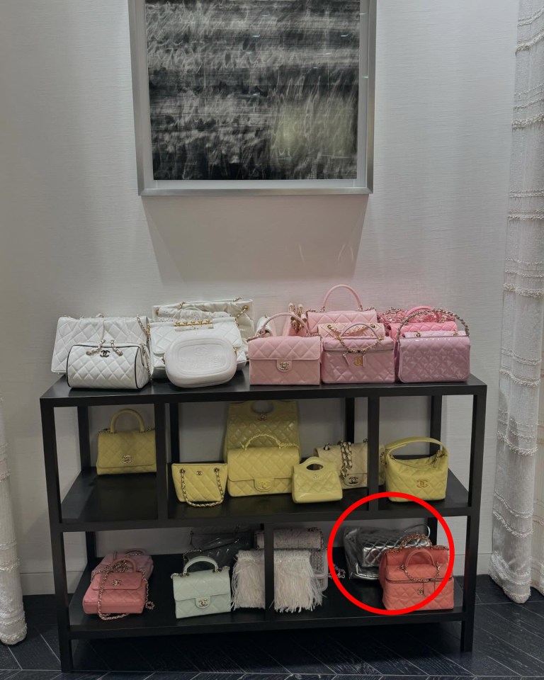 A shelf filled with Chanel handbags in various colors and styles.