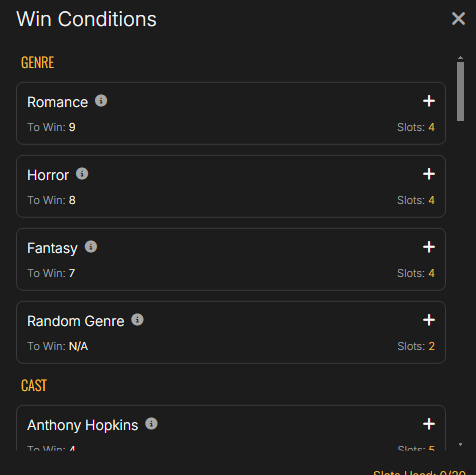 The win conditions screen in Cine2Nerdle, showing genre options and a preview of the cast list.