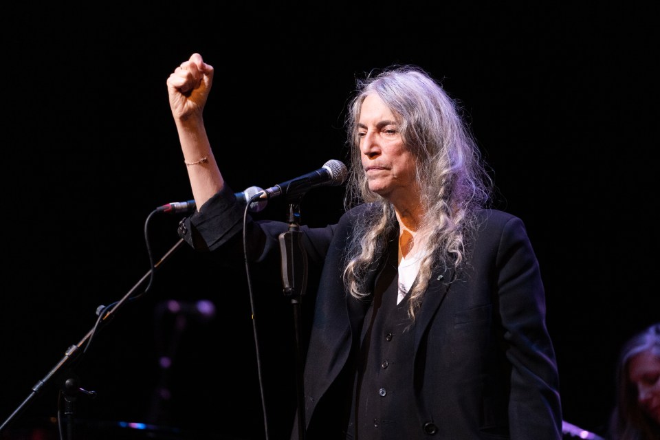 Patti Smith performing on stage, raising her fist.