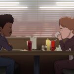 An animated image of two men drinking coffee in a diner booth.