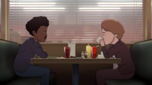 An animated image of two men drinking coffee in a diner booth.