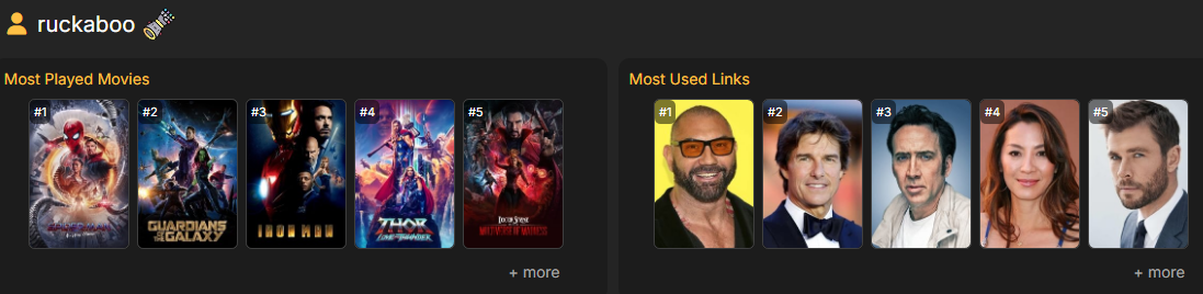 Cine2Nerdle batltle stats, showing someone playing a lot of Marvel movies and Dave Bautista movies