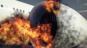 Grounded plane in airport experiencing catastrophic failure event caused by fire