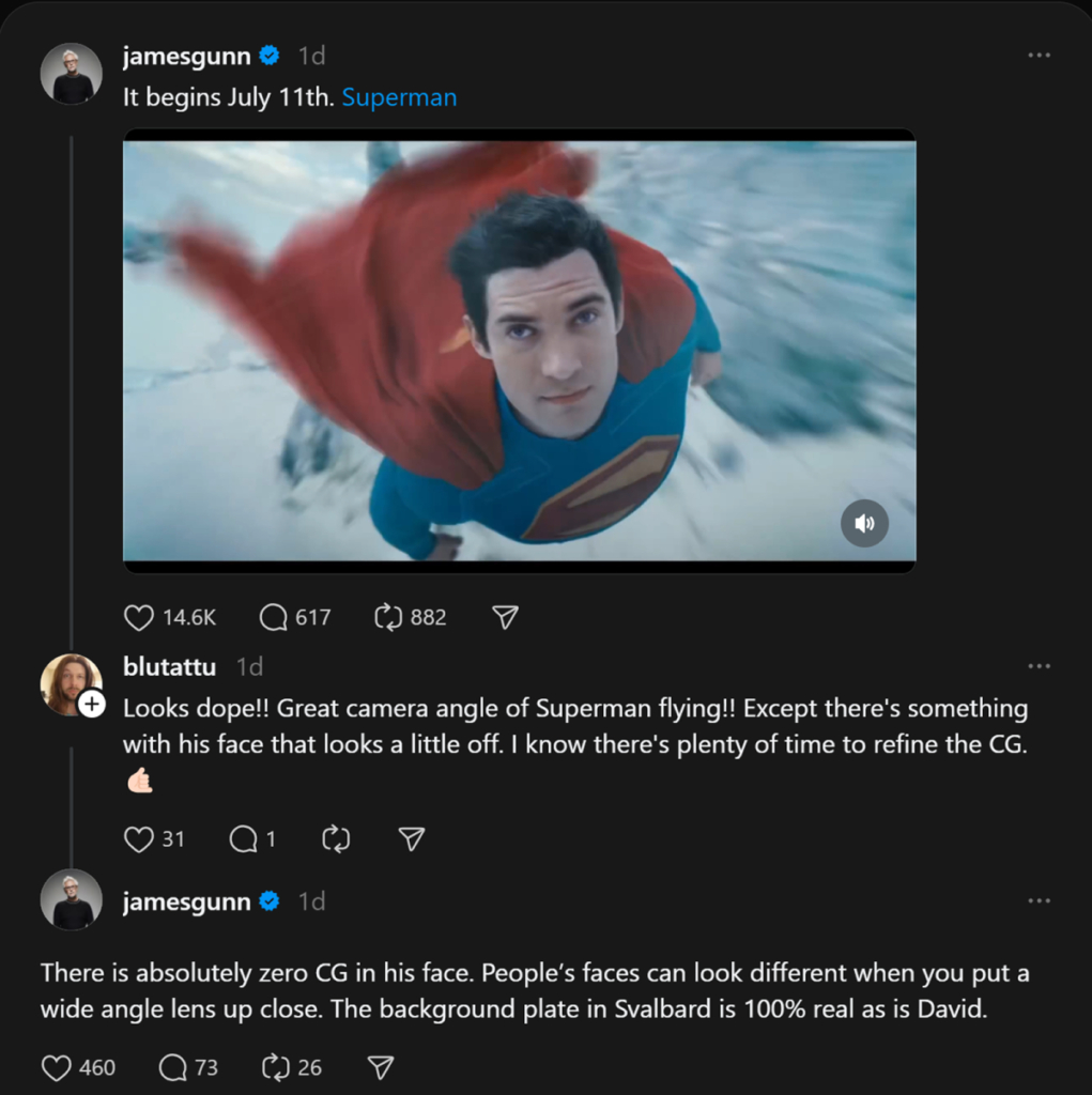 James Gunn responding to a fan on Threads about Superman's face.