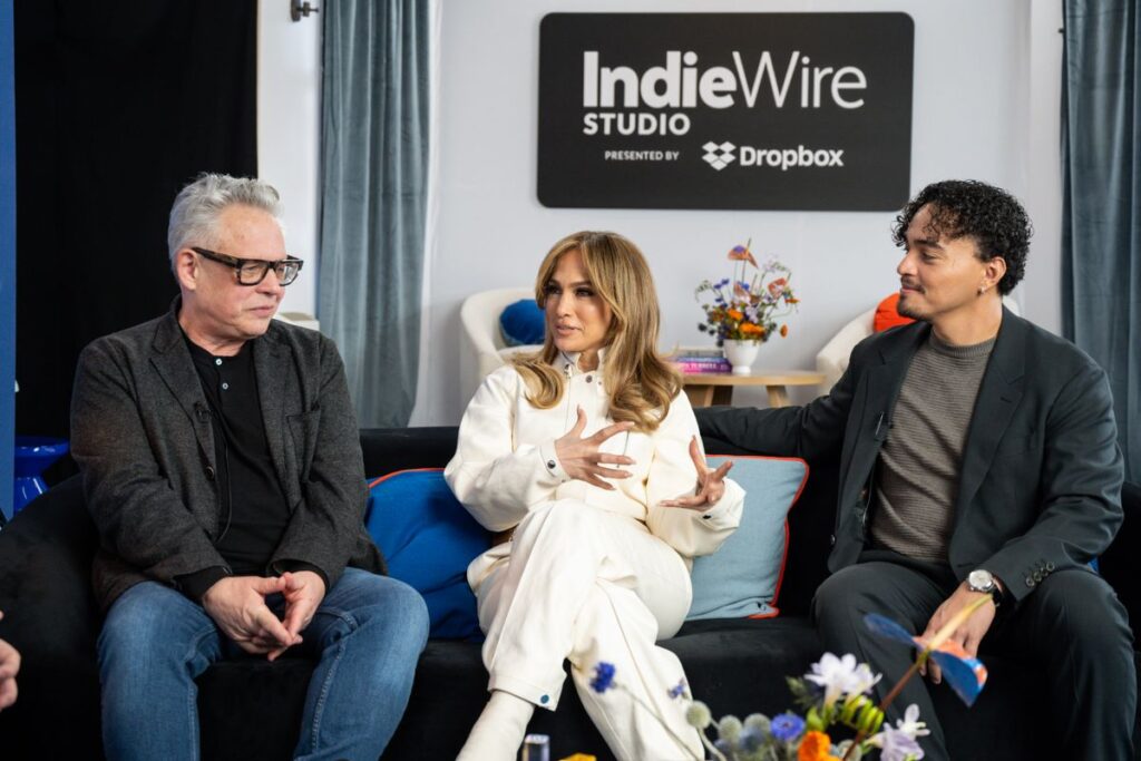 Bill Condon, Jennifer Lopez, Tonatiuh at the IndieWire Studio 2025 at Sundance presented by Dropbox held at The IndieWire Studio on January 26, 2025 in Park City, Utah. (Photo by Clayton Chase/IndieWire via Getty Images)