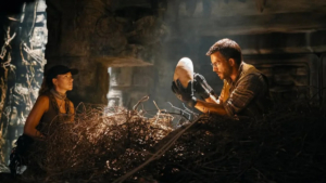 Zora Bennett and Dr. Henry Loomis with a dinosaur egg in Jurassic World Rebirth