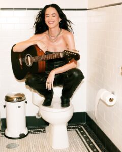 Katy Perry sitting on a toilet in a bathroom, holding a guitar.