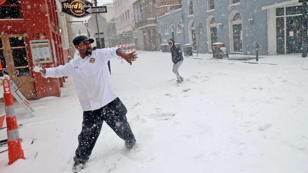 snowball fight during the snow storm in New Orleans