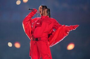 A bundled-up, notably not scantily-clad Rihanna performed her halftime show while pregnant in 2023.