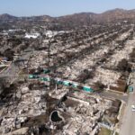 An aerial image of the ravaged Pacific Palisades neighborhood captured Tuesday.