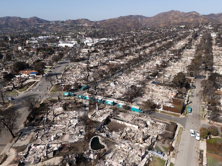 An aerial image of the ravaged Pacific Palisades neighborhood captured Tuesday.