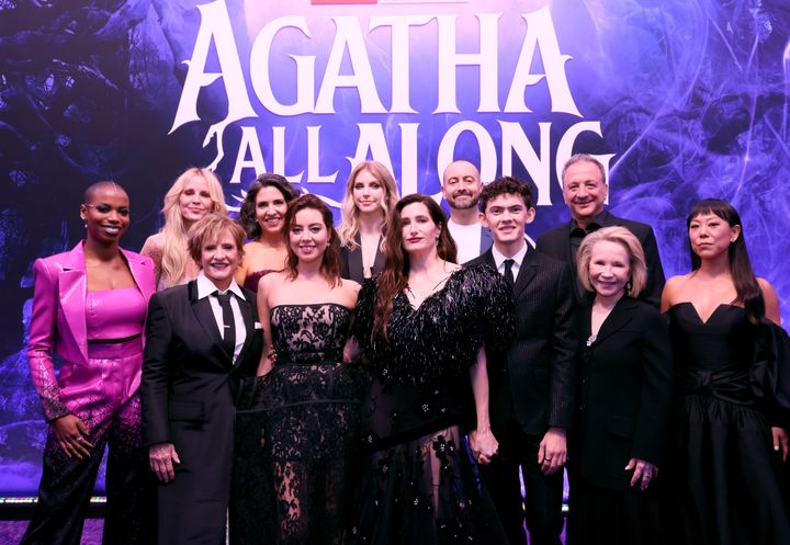 Sasheer Zamata, Emma Caulfield, Patti LuPone, Jac Schaeffer, Aubrey Plaza, Mary Livanos, Kathryn Hahn, Brad Winderbaum, Joe Locke, Louis D'Esposito, Debra Jo Rupp and Ali Ahn attend the launch event for Marvel's "Agatha All Along" at El Capitan Theatre in Los Angeles on Sept. 16, 2024.