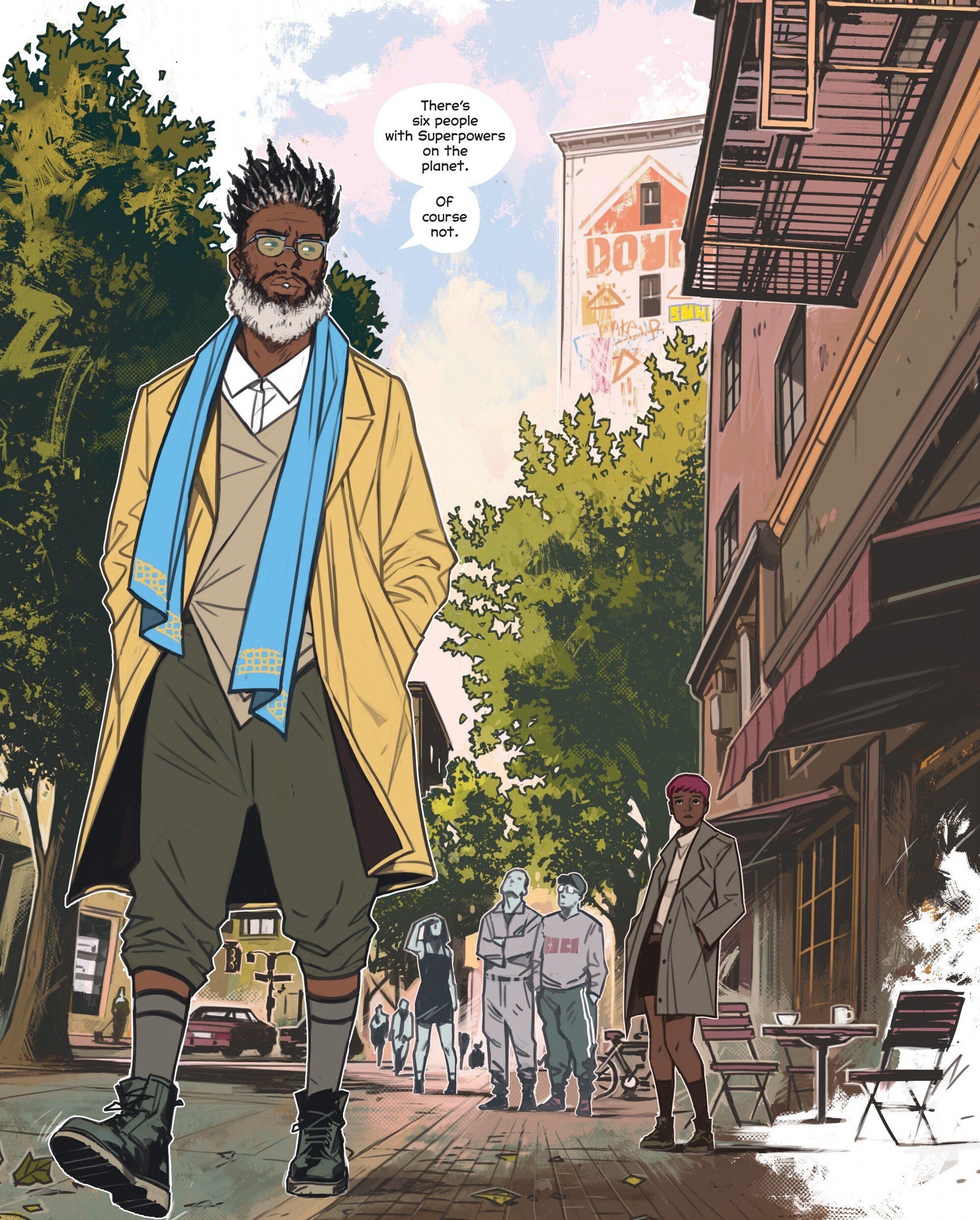 Etienne Lux, wearing a brightly colored duster, walks down a city street away from a reporter. “There’s six people on the planet with Superpowers,” he says. “Of course not.” From The Power Fantasy.