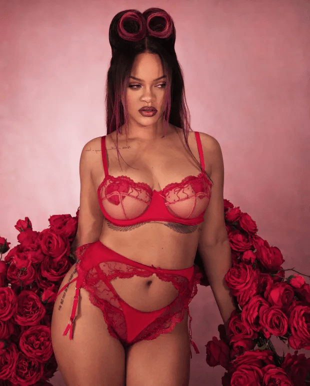 Rihanna in red lingerie with roses.