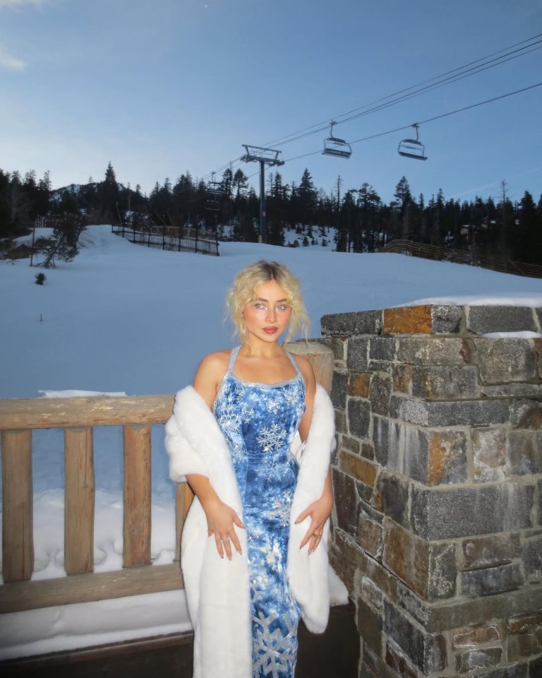 Sabrina Carpenter looked sensational in a fitted blue dress while on a skiing holiday over the festive period