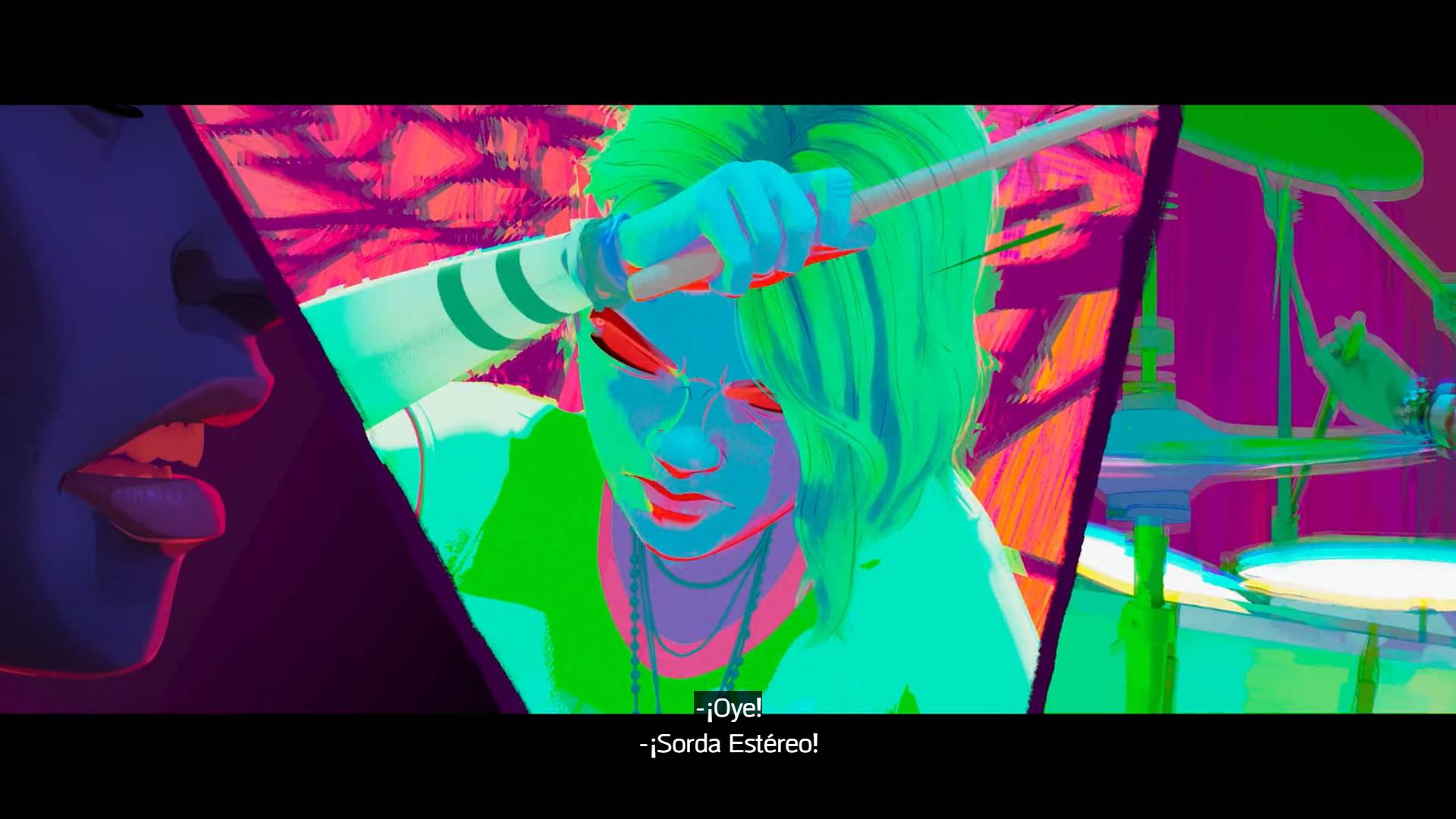 A screenshot of Spider-Man: Across the Spider-Verse with subtitles showing the phrase Sorda Estereo