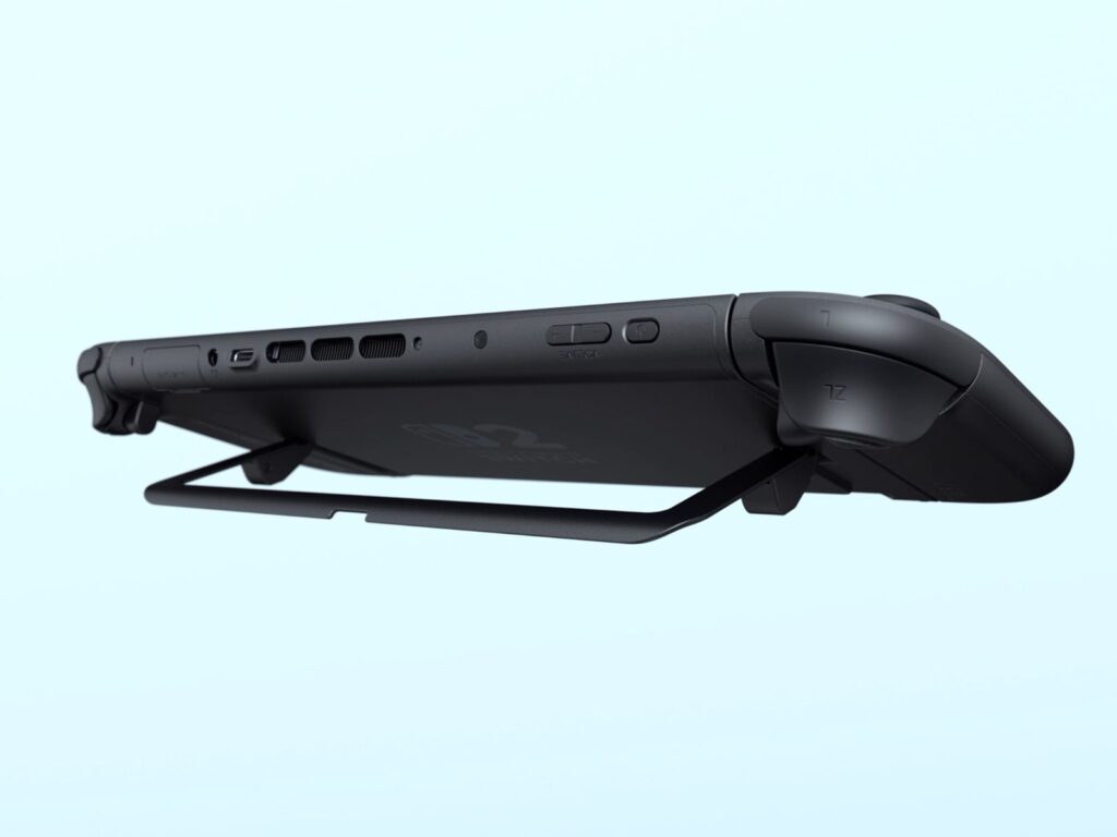 Rear view of a black Nintendo Switch 2 a handheld video game console with a Ushaped kickstand extending from the back