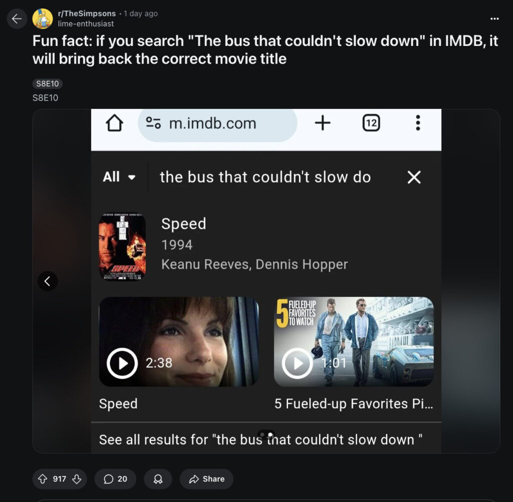 The Subtle IMDb Homage to Homer Simpson Forgetting the Title of ‘Speed’