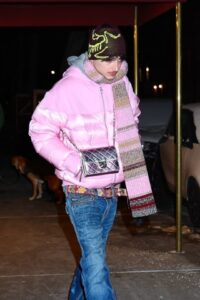 Timothée Chalamet wearing a pink puffer jacket and jeans in New York City.