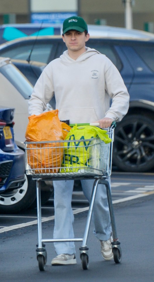 Tom Holland pushing a shopping cart in a parking lot.