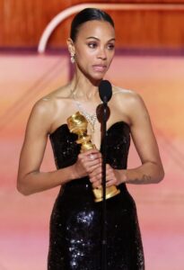 Zoe Saldana wins Best Performance by a Female Actor in a Motion Picture - Musical or Comedy during the 82nd Annual Golden Globes