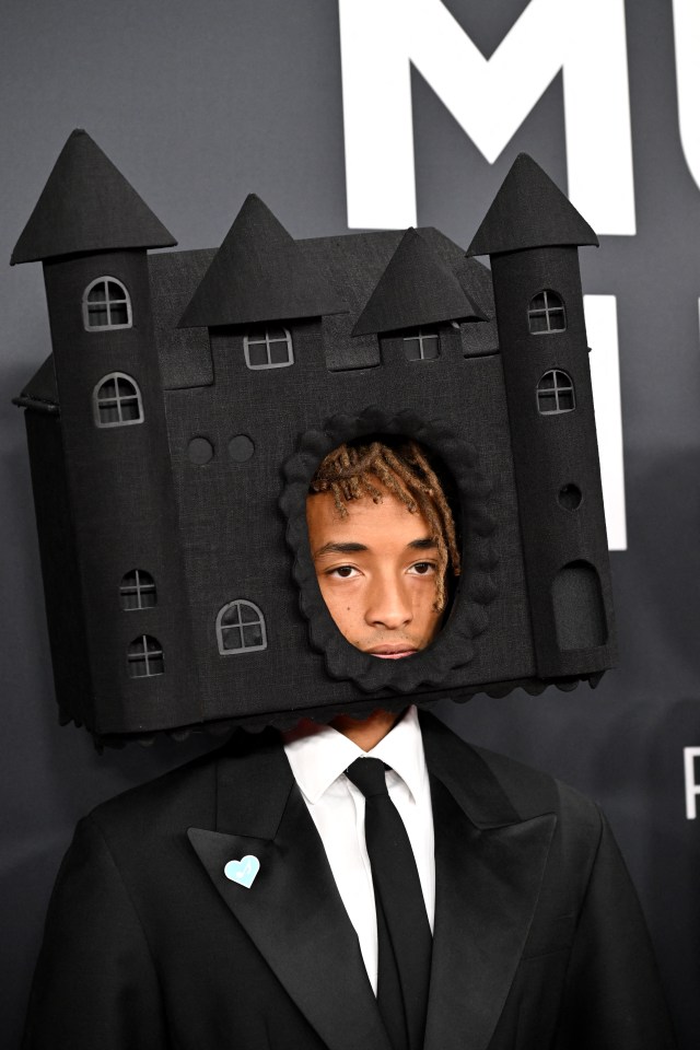 Jaden Smith wearing a black castle-shaped headpiece at the Grammy Awards.