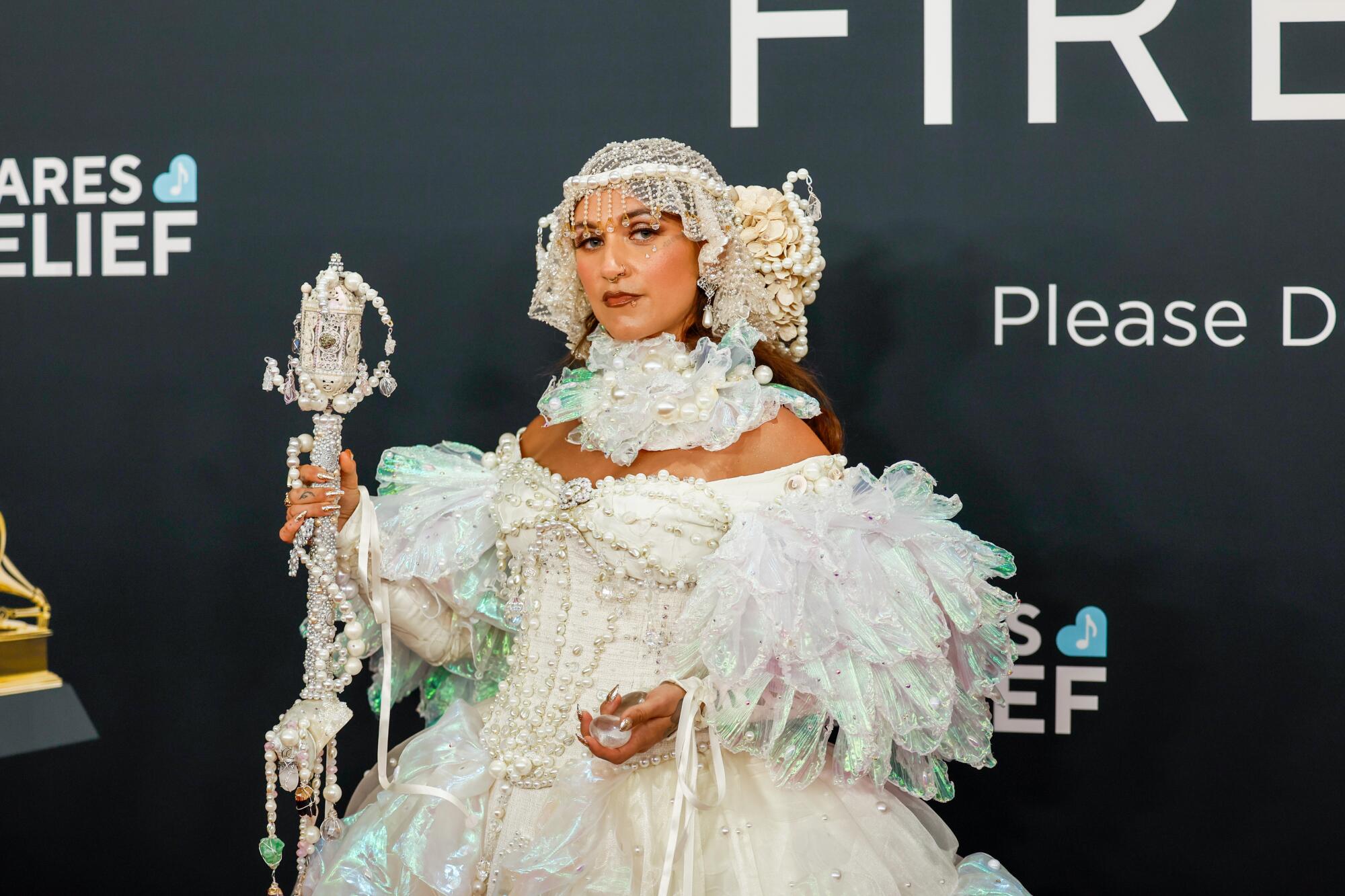 Sierra Ferrell with beaded sceptre on the Grammy red carpet