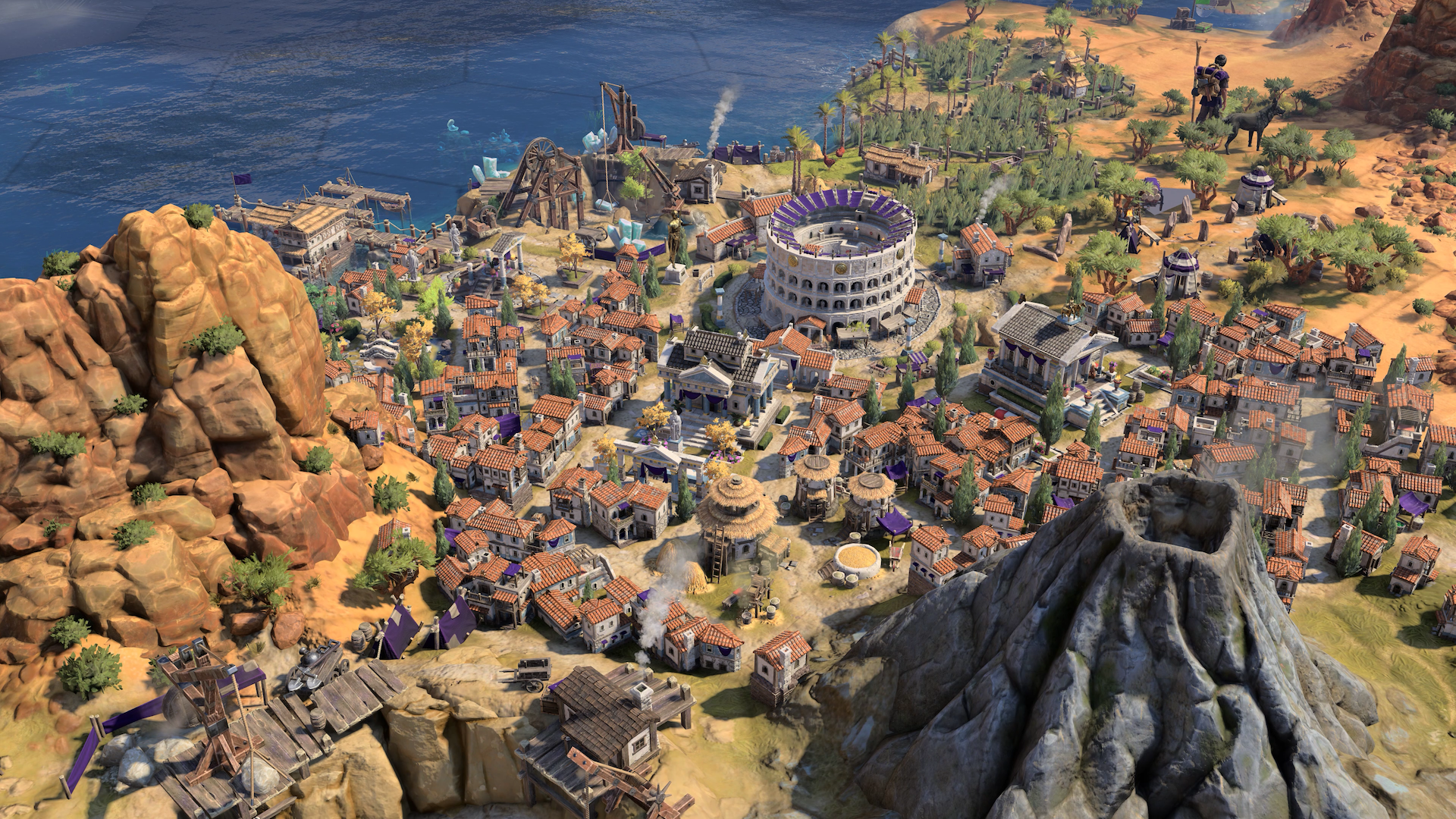 Screenshot from Civilization 7 featuring a Roman city with purple roofs, a colosseum, and a nearby volcano.