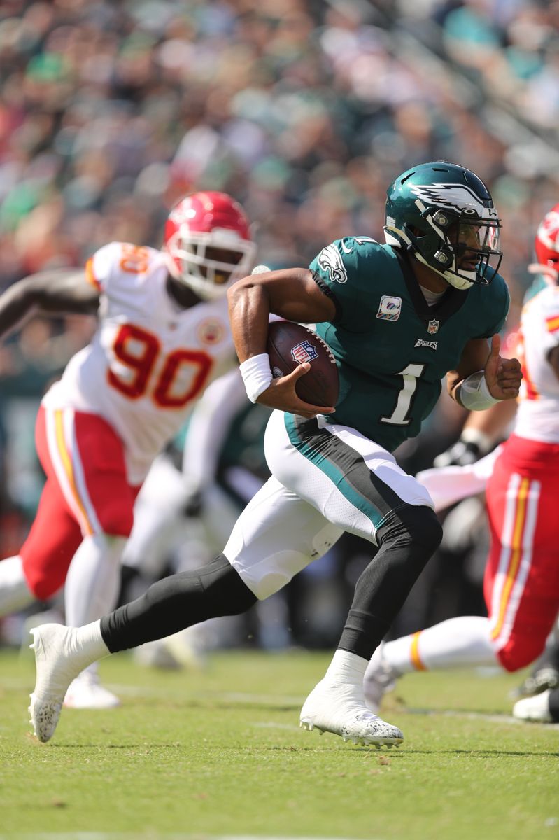 PHILADELPHIA, PA - OCTOBER 3: Jalen Hurts #1 of the Philadelphia Eagles runs upfield during an NFL football game against the Kansas City Chiefs at Lincoln Financial Field on October 3, 2021 in Philadelphia, Pennsylvania. (Photo by Perry Knotts/Getty Images) 