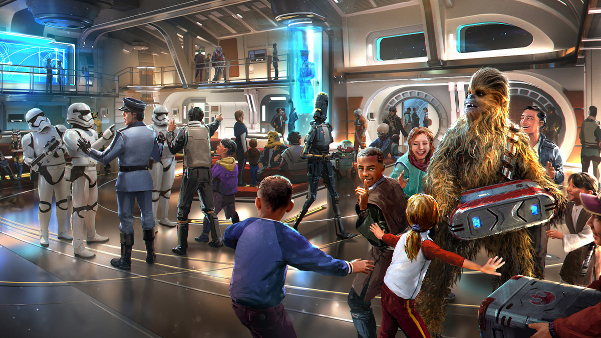 Humans and aliens in an atrium in Star Wars: Galactic Starcruiser concept art