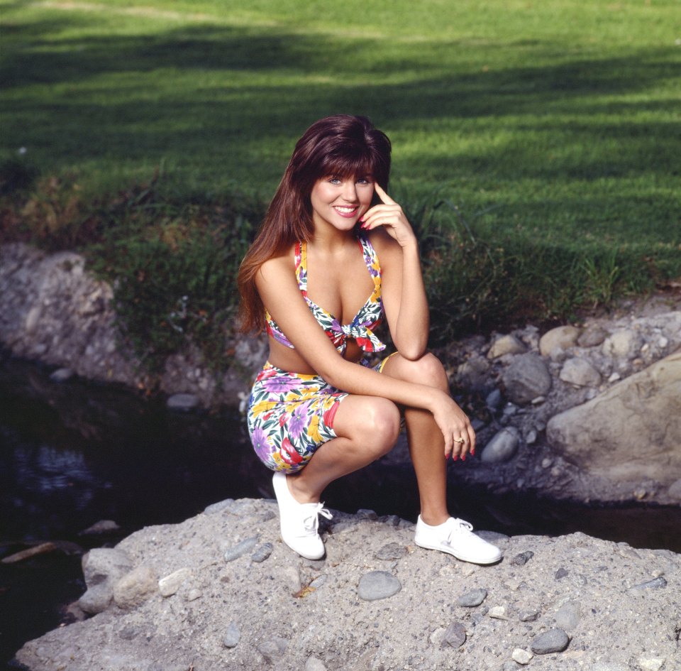 a woman in a bikini is squatting on a rock near a river