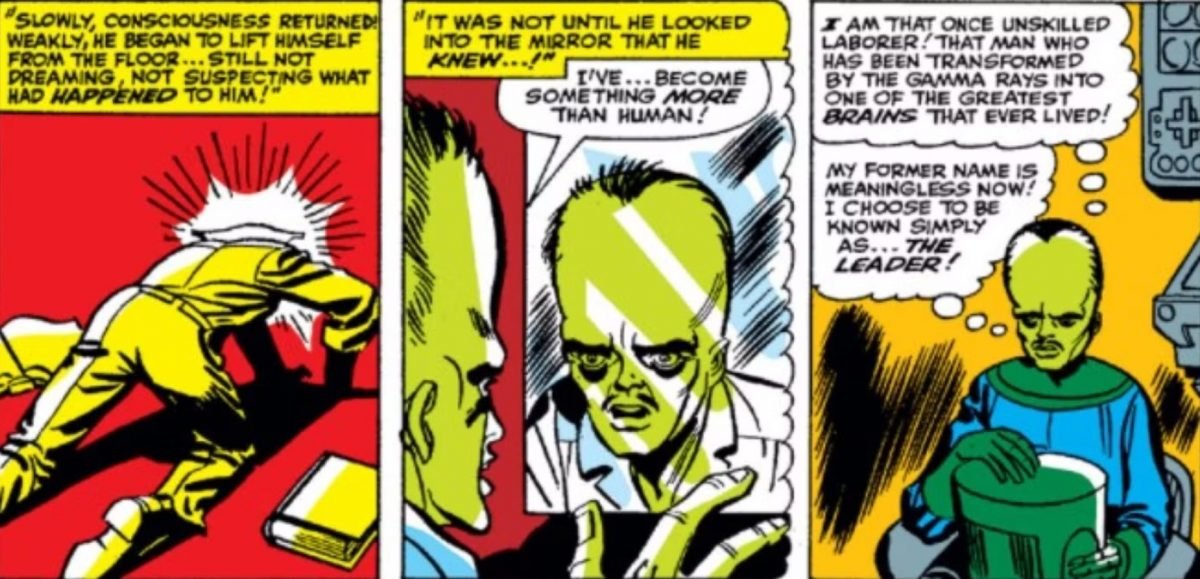 The comic book origins of The Leader, from early Incredible Hulk comics.