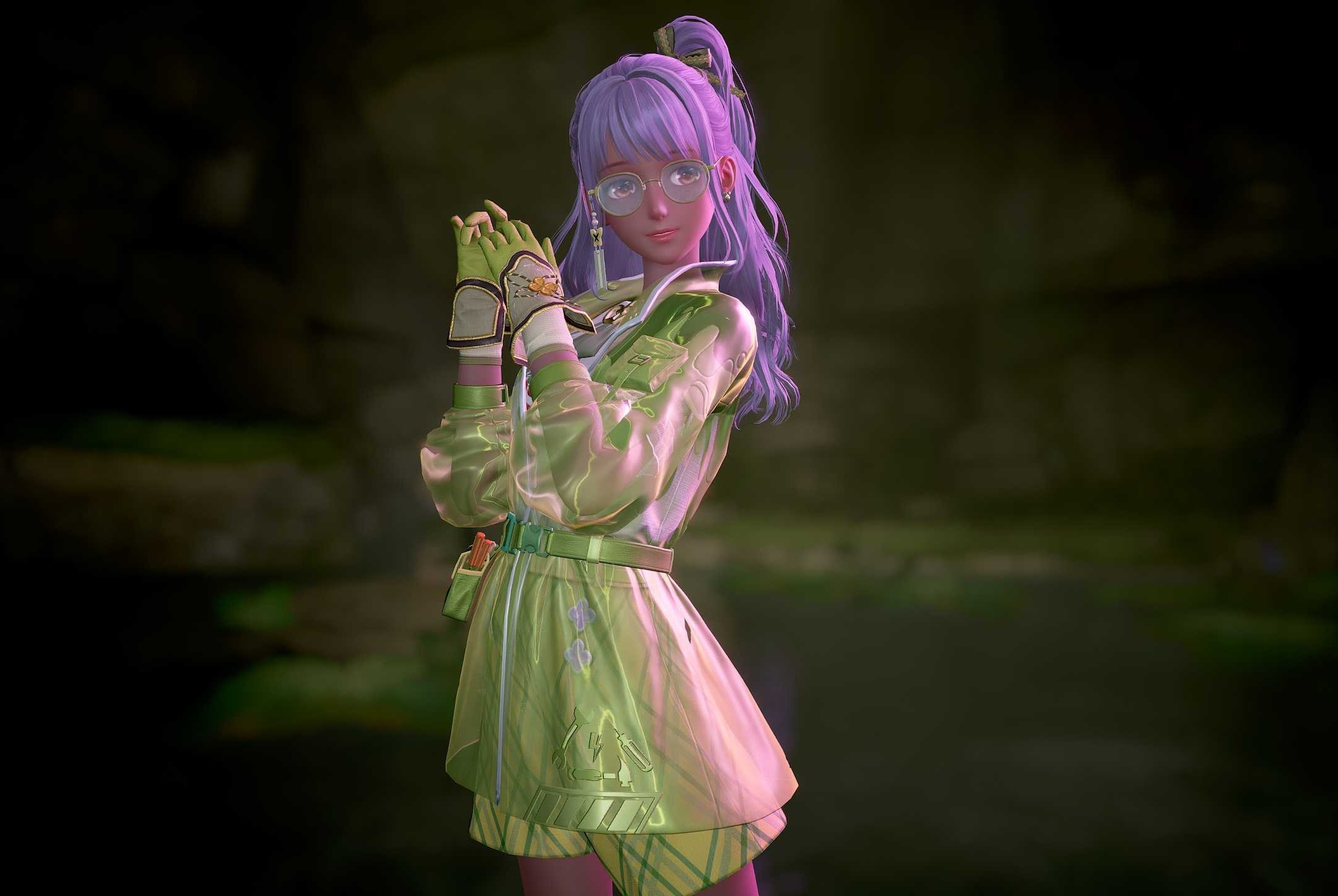 Screenshot from Infinity Nikki featuring Nikki in a green jacket with purple hair.