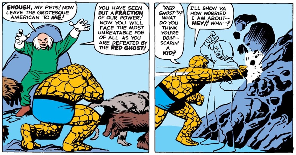 The Thing fights the Red Ghost on the Moon in Fantastic Four #13.