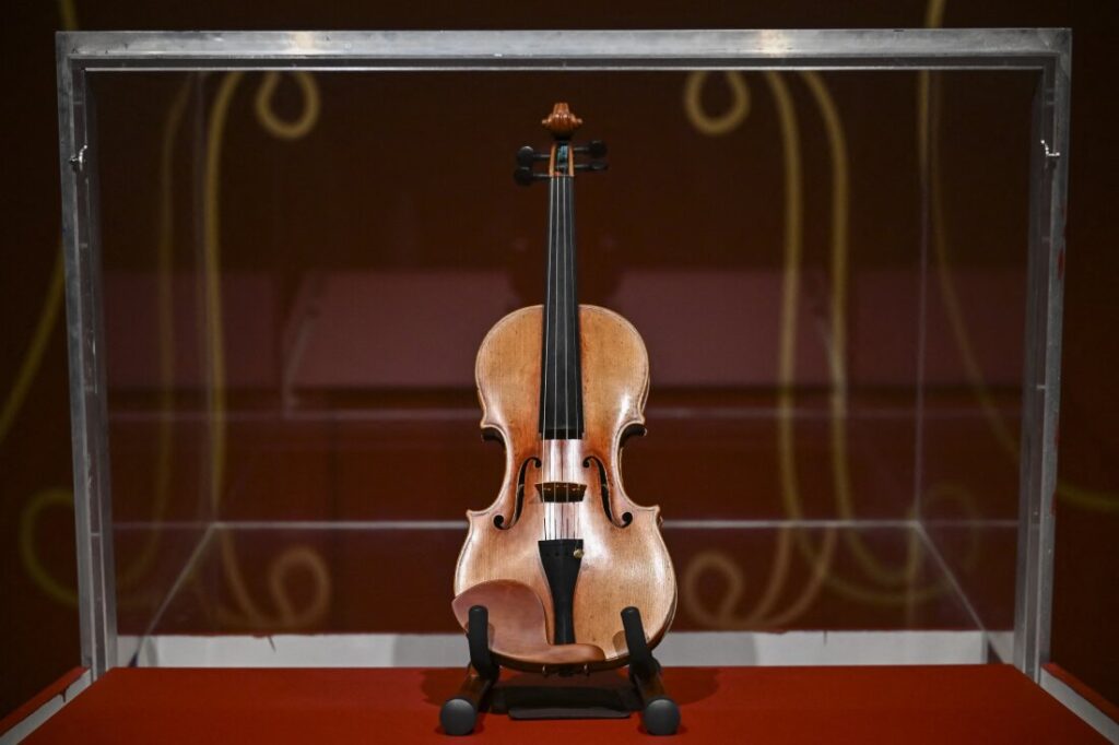 The Joachim-Ma Stradivarius violin is on display at Sotheby's in New York City on Monday.