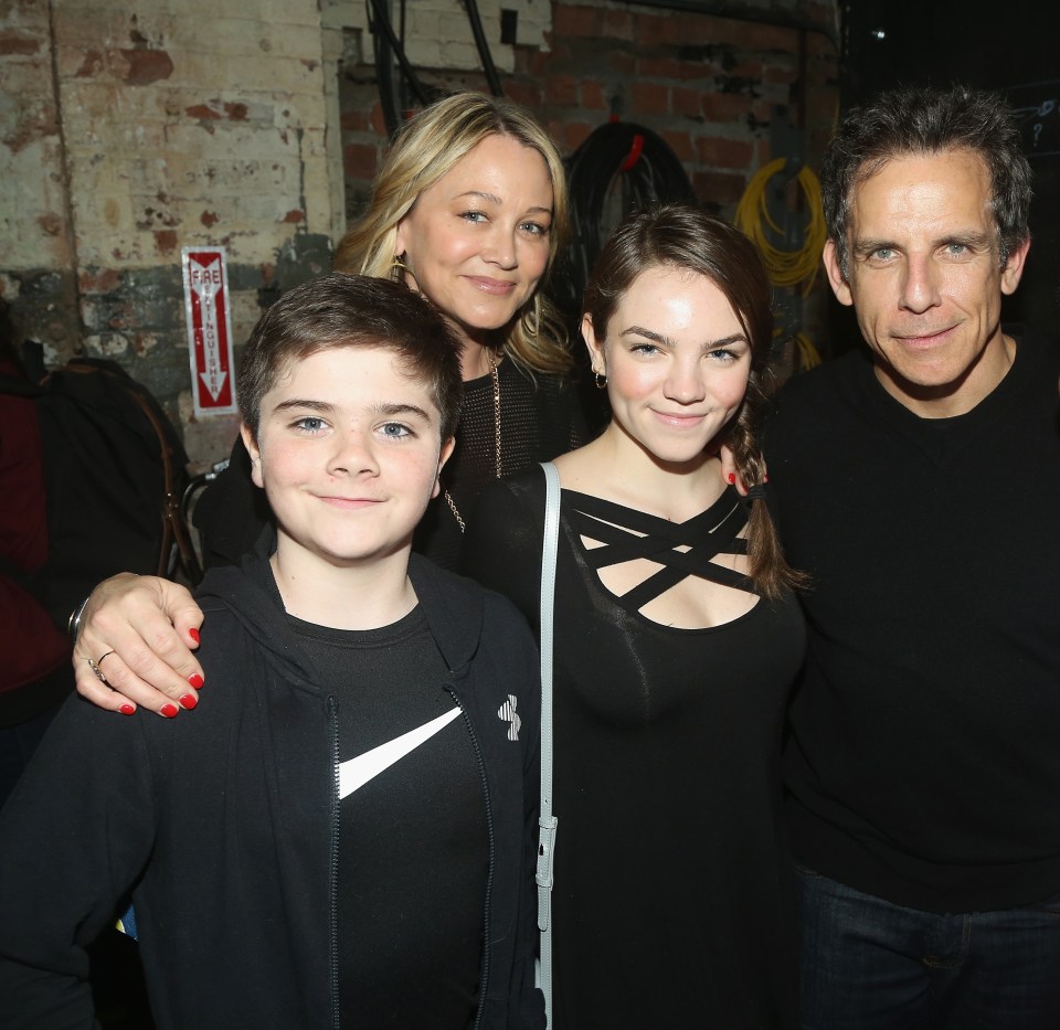 Ben Stiller, Christine Taylor, and their children backstage at a Broadway play.