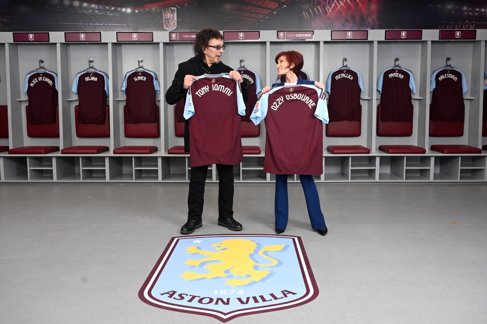 Tony Iommi and Ozzy Osbourne holding Aston Villa jerseys.