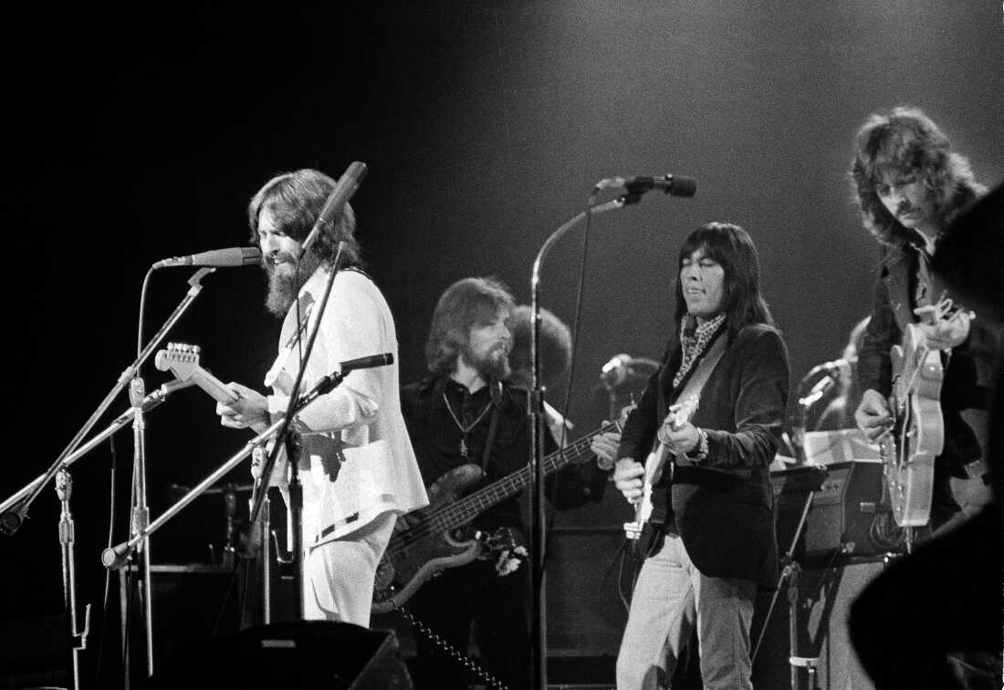 George Harrison, left, performs with Jesse Ed Davis at the Concert For Bangladesh at Madison Square Garden in New York on Aug. 1, 1971.