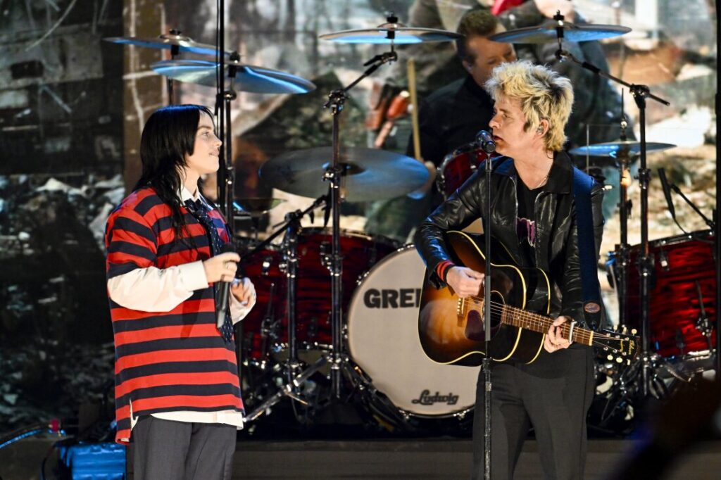 Billie Eilish performs onstage with Billie Joe Armstrong of Green Day during the FIREAID Benefit Concert for California Fire Relief at The Kia Forum on January 30, 2025 in Inglewood, California.