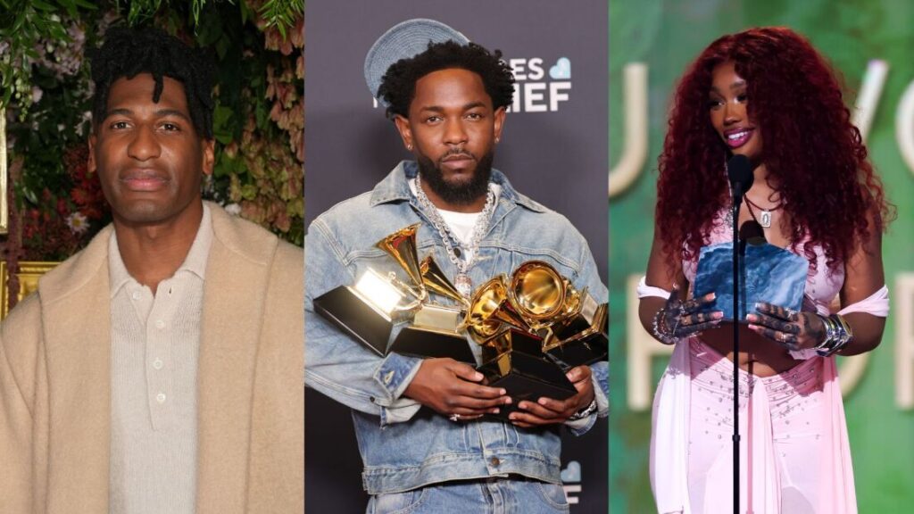 Jon Batiste (left) will perform the National Anthem on Sunday night ahead of the Super Bowl. Kendrick Lamar (center) will headline the halftime show, joined by special guest SZA (right).