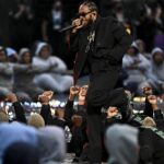 Kendrick Lamar performs during the Super Bowl LVI halftime show at SoFi Stadium on Feb. 13, 2022.