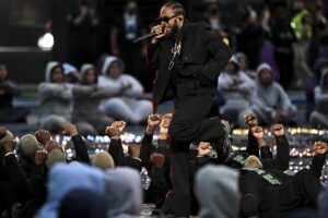 Kendrick Lamar performs during the Super Bowl LVI halftime show at SoFi Stadium on Feb. 13, 2022.