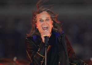 Singer Ozzy Osbourne performs during halftime of an NFL football game between the Los Angeles Rams and the Buffalo Bills in Inglewood, Calif., on Sept. 8, 2022.