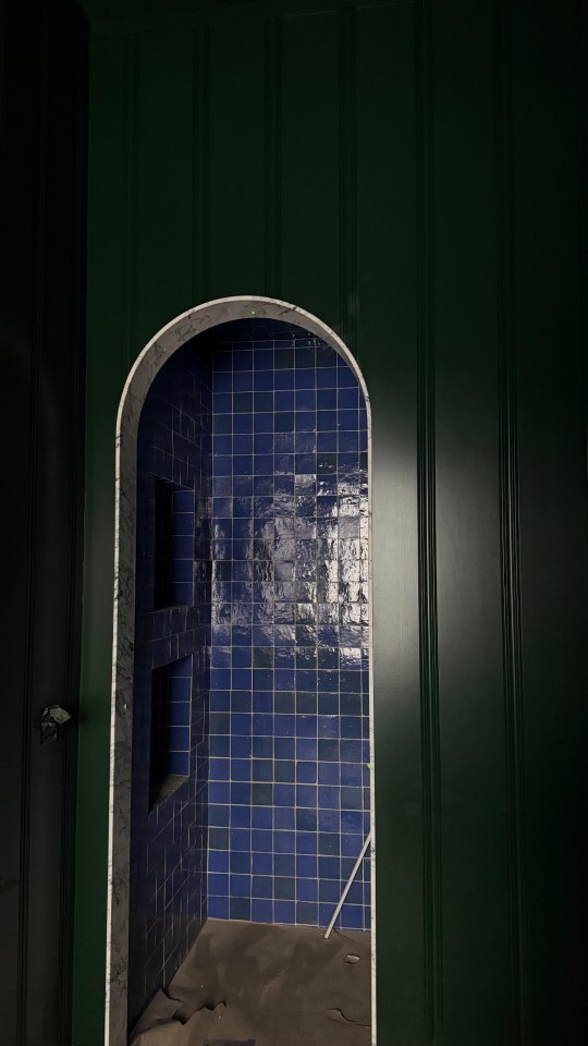 Arched alcove shower with dark blue tiles and marble frame.