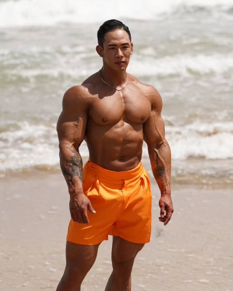 Kim Woon Seo, a bodybuilder, on a beach.